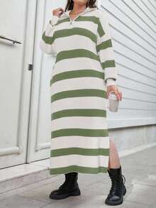 EURMUSE Plus Size Two-Tone Striped Pattern Drop Shoulder Loose Half Zip Up Oversized Sweater Dress - Mint Green - View 2