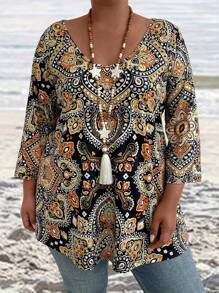 EMERY ROSE T-shirt casual larga da donna con scollo tondo e stampa floreale, maniche a 3/4, perfetta per le vacanze, magliette da donna con grafica - nero - Visualizzare 1