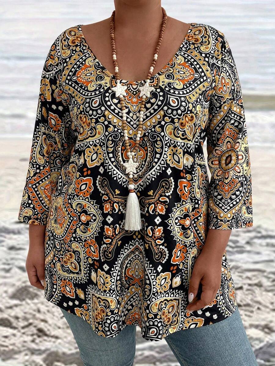 EMERY ROSE T-shirt casual larga da donna con scollo tondo e stampa floreale, maniche a 3/4, perfetta per le vacanze, magliette da donna con grafica - nero - Visualizzare 1