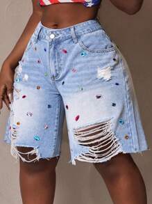 Slaydiva Plus Size Diamond Decoration Distressed Denim Shorts,Back To School - Medium Wash - View 5