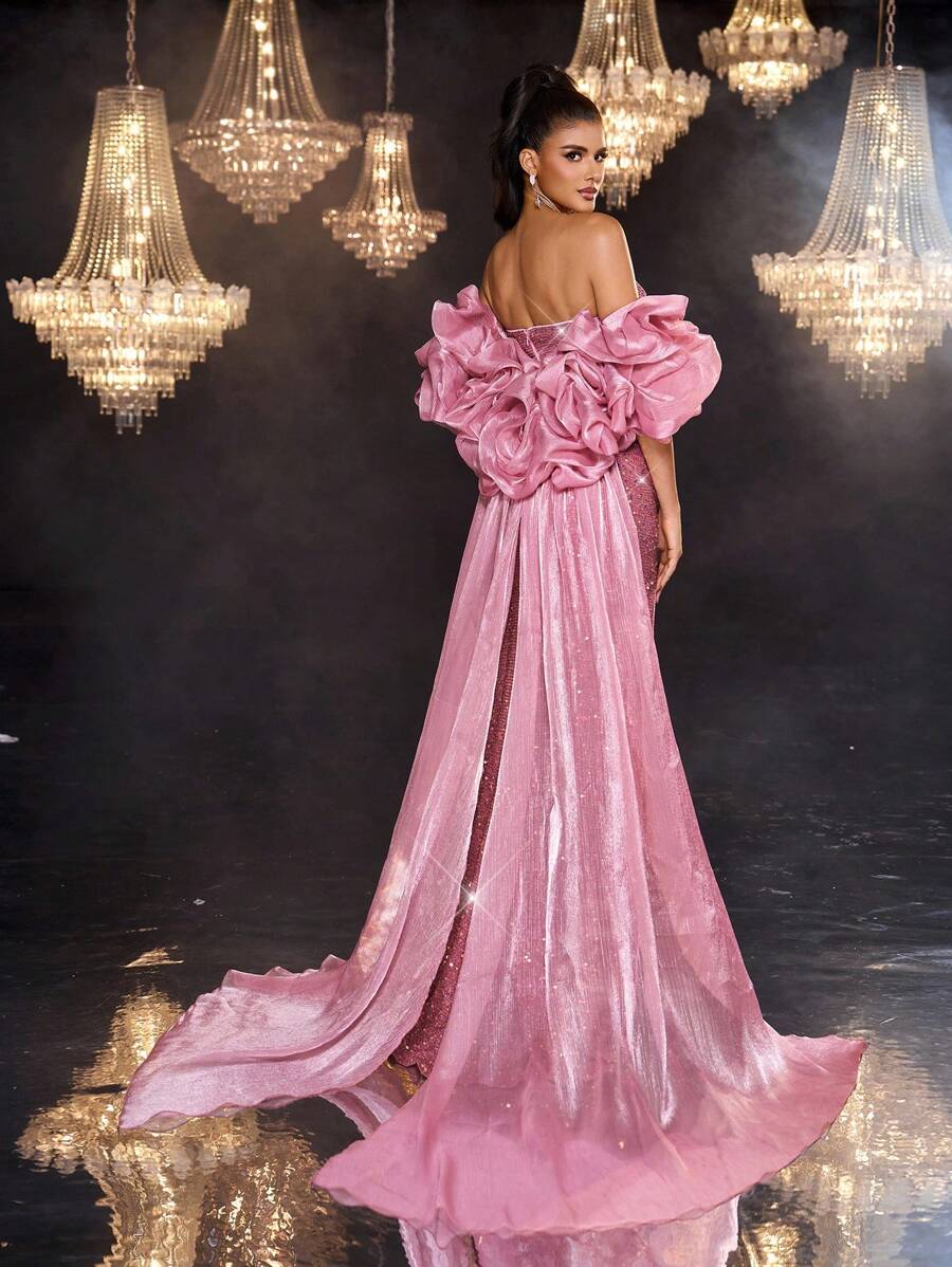 Glamrae 优雅奢华深粉色金属丝不对称领口泡泡袖亮片开衩鱼尾女士正式晚礼服