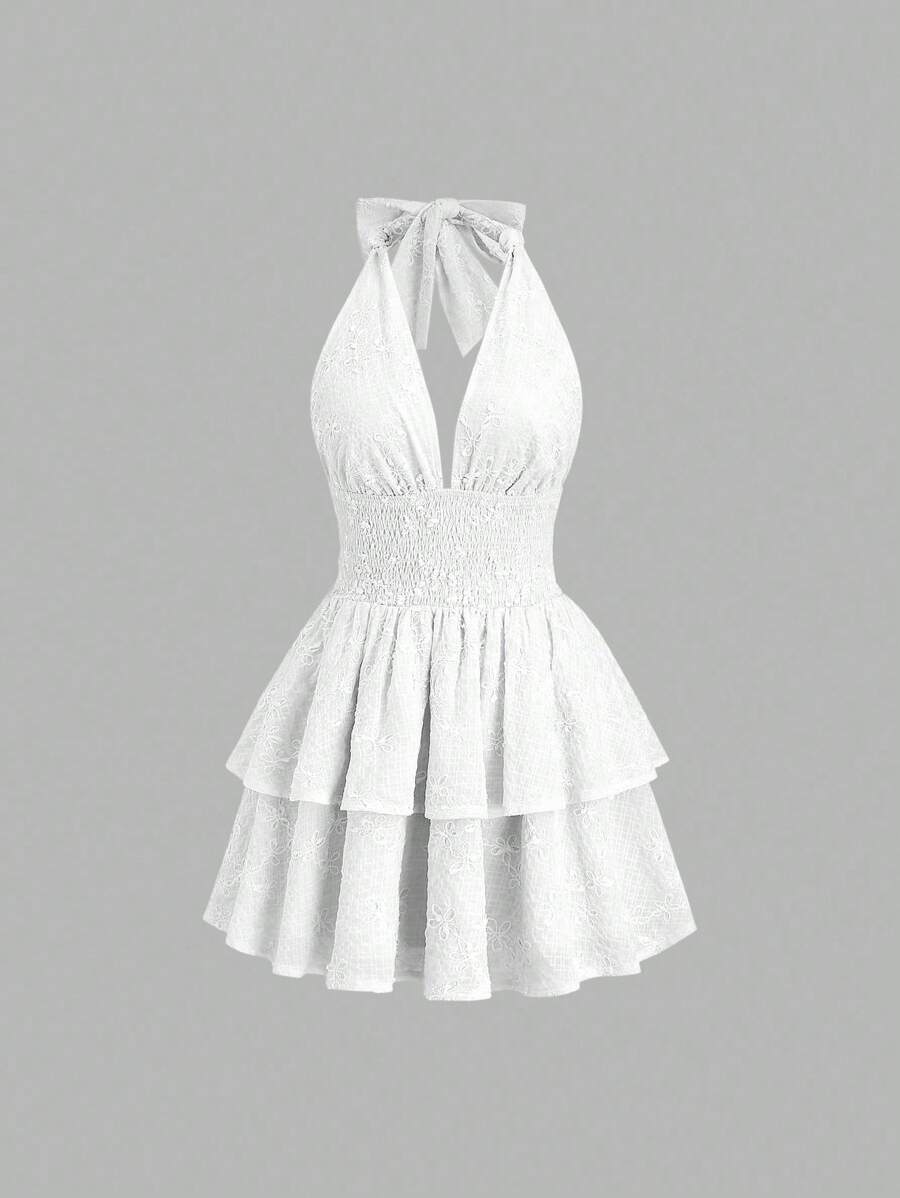 SHEIN Sweetro Vestido mini con escote en V profundo y espalda descubierta, cintura ceñida, estilo francés para mujeres - Blanco - Ver 1