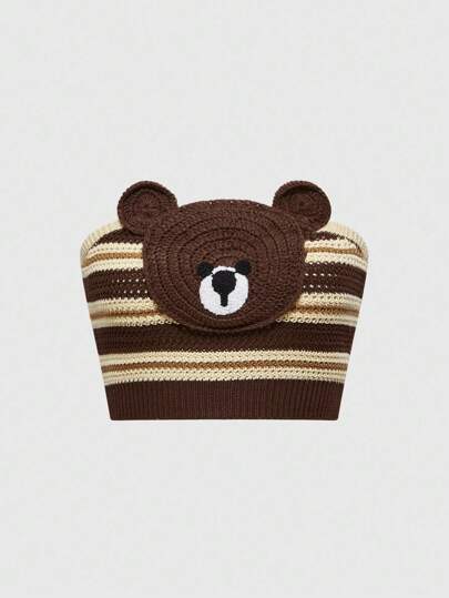 Kawaii Cute Striped Bear Print Women Knit Camisole Top