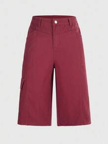 ROMWE MEN Street Life 男士休闲纯色斜口袋宽松牛仔短裤，夏季 - 酒紅色 - 查看 3