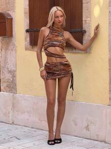 SHEIN ICON Women's Textured Fabric Asymmetric Cutout Top And Mini Skirt 2 Pieces Set - Brown - View 6