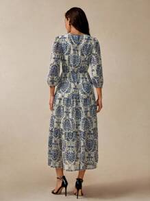 Florisole 女式波西米亚复古花卉印花 V 领荷叶边中长束腰连衣裙 - 藍色 - 查看 2