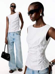 LYSMO 2025 New Women's White Ruched X-Shaped Waist A-Line Crew Neck Casual Sleeveless Top, Minimalist Casual, Daily Commuting, Versatile Piece