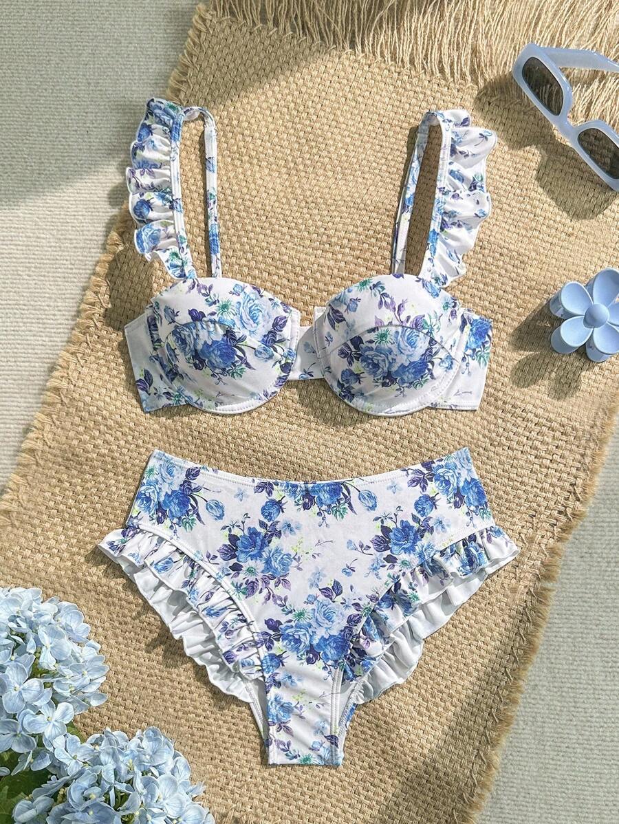 Soleia 2 件女士花卉印花荷叶边比基尼套装，浪漫度假风格 - 彩色 - 查看 1