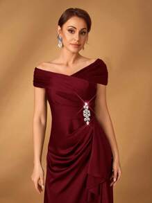 Serin Elegant Satin Off Shoulder Pleated A-Line Asymmetric Ruffle Hem Dress, Suitable For Evening Party, Gala, Wedding, Bride Mother Formal Wear