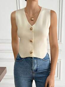 Serisse 女士纯色V领无袖金属纽扣装饰优雅时尚背心，夏季夏季夏季夏季夏季女士海滩度假波西米亚热带度假可爱夏季上衣简约商务休闲女士通勤简约气质办公室夏季背心杏色优雅外出上衣女士，适合学校休闲度假 - 杏色 - 查看 6