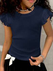 Coolane Tween Girls Four Seasons Streetwear Vacation Ruffle Trim Solid White Tee - Navy Blue - View 1