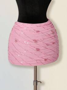 SHEIN ICON Váy ôm sát thời trang dự tiệc sinh nhật về quê cho nữ, xếp ly kim sa màu hồng lấp lánh - Hồng - Xem 7