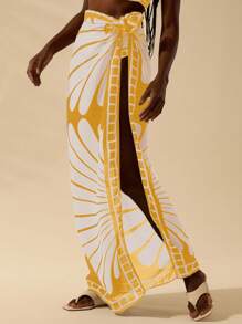 CAJUNI Women's Vacation Boho Yellow Shell Print Casual Beach Wrap Skirt Cover Up,Swimsuits,Swim Suits For Women,Cover Ups For Swimwear,Swim Cover Up Women,Bathing Suit Cover Up,Cover Up,Swimsuit Cover Up,Swim Cover Up,Beach Cover Up, Country Concert - Yellow - View 4