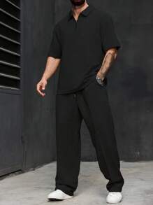 Manfinity Homme Plus Size Men's Solid Color Short Sleeve Polo Shirt And Pants Casual Suit