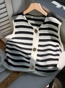 Comfortcana 女式条纹印花V领纽扣休闲毛衣背心 - 黑與白 - 查看 5