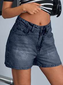 EURMUSE WOMEN HIGH WAIST MINI SHORT LIGHT BLUE WASH CASUAL STREET WEAR - Dark Wash - View 4