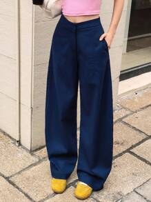 Chiquease Navy Wide Leg Pants, Minimalist Design, Fashion Versatile Fall Cloth For Women - Navy Blue - View 7
