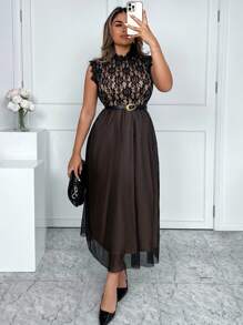 Xyvia Damen Midi Kleid mit Blumen Spitzen Patchwork-Muster und ärmellos, elegant - Schwarz - Übersicht 4