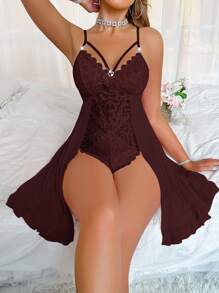 SHEIN 女式透明网眼拼布蕾丝性感内衣连体裤 - 紫紅色 - 查看 4