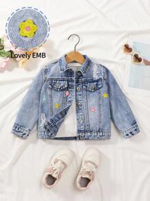 少女刺绣花朵牛仔外套，复古时尚，活力四射，适合日常上学、户外活动、休闲聚会