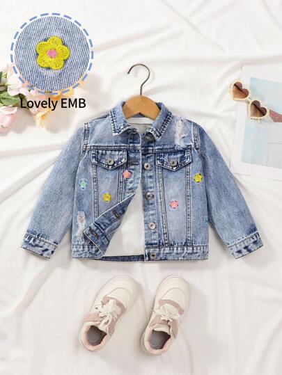 少女刺绣花朵牛仔外套，复古时尚，活力四射，适合日常上学、户外活动、休闲聚会