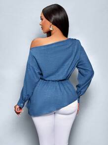 SOLERSUN 女士纯色不对称领长袖侧抽绳褶皱时尚衬衫，适合秋季、冬季穿着，优雅百搭，适合日常通勤、外出等休闲场合。这款长袖上衣是秋季女士休闲装的理想之选。 - 藍色 - 查看 2