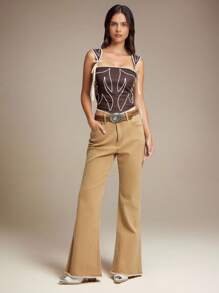 WESTFADE Nashville Cowgirl Western Embroidered Straps Cute Bow Tie Straps Smocked Back Fitted Cropped Summer Rodeo Tank Top