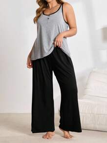 针织休闲撞色无袖上衣和裤子睡衣套装 - 黑色 - 查看 6
