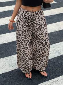 DAZY Women's Leopard Print Casual Loose Fit Wide Leg Cropped Pants - Brown - View 6