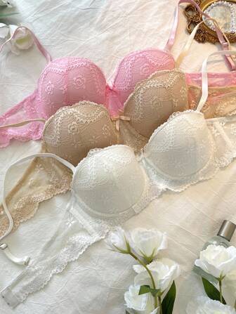 DelicateAllure 3 件装 女士蕾丝边钢圈聚拢文胸，带不可拆卸衬垫罩杯，1/2 罩杯