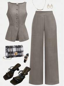 Girlism 青少年女士常规款带口袋涤纶无袖格子套装灰色套装商务套装全套女士商务装