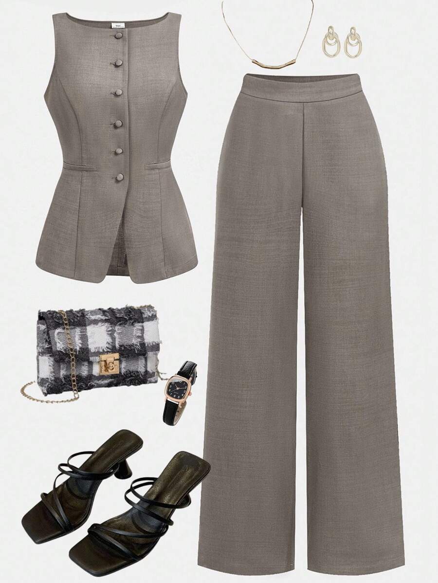 Girlism 青少年女士常规款带口袋涤纶无袖格子套装灰色套装商务套装全套女士商务装