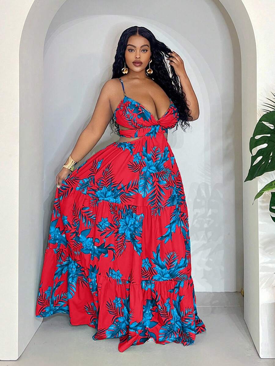 Slaydiva Slaydiva 2025 New Arrivals Summer Vacation Sexy Backless Tie Strap Floral Print Maxi Dress With Oversized Skirt Curve Maxi Dress Curve Summer Dress Curve Sundress Plus Vacation Dress Tropical Print Maxi Dress