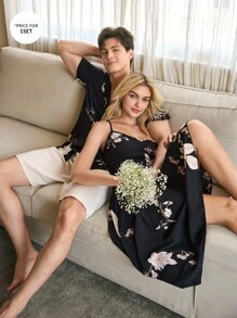 SHEIN White Bird Floral Print Lapel Cardigan & Solid Color Shorts Men Pajama Set Couple Pjs - Multicolor - View 3