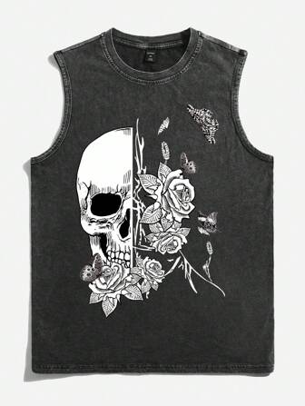 Goth Men's Floral Skull Print Casual Sleeveless Vest