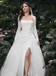 Coutiva Women's Plain Color Long Sleeve Casual Minimalist Wedding Dress, Suitable For Daily Wear,Women's Spring And Summer Fashion Party Party Date Holiday Wedding Celebrity Dress Dress, Fashionable Waist And Large Skirt,Bride