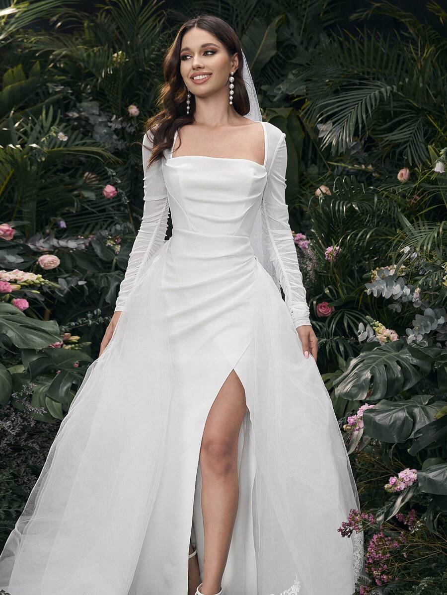 Coutiva Women's Plain Color Long Sleeve Casual Minimalist Wedding Dress, Suitable For Daily Wear,Women's Spring And Summer Fashion Party Party Date Holiday Wedding Celebrity Dress Dress, Fashionable Waist And Large Skirt,Bride