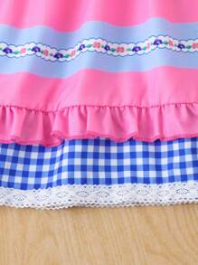 4-7 岁女童泡泡袖连衣裙，花卉印花拼接可爱休闲舒适荷叶边下摆泡泡袖连衣裙，返校学院风，适合所有季节 - 粉色 - 查看 7