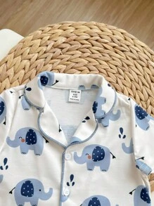 4 件套男婴可爱大象印花简约纯色高领纽扣休闲短袖短裤舒适睡衣套装 - 彩色 - 查看 7