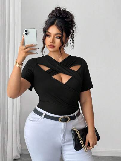 Elenzga Never Out Of Style, Kooky Elegance Collection (Woe Is Me Vibes)(Wednesday Aesthetic) Plus Size Women Sexy V-Neck Criss-Cross Short Sleeve Hollow Out Tie T-Shirt