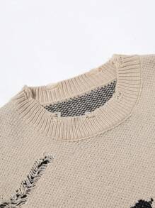 Manfinity CasualKnits Men's Avant-Garde Regular Length Ripped Pullover With Round Neck And Long Sleeves Back To School , Fall Winter - Khaki - View 7
