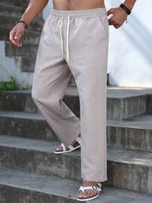 Manfinity RSRT Quần dài nam cạp chun màu trơn có dây rút, thích hợp mặc vào mùa hè và mùa thu - Màu be - Xem 3