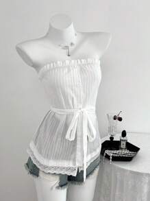 Elamini Débardeur casual féminin avec patchwork de tissu texturé et volants - Blanc - Voir 5