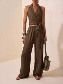 Zivah 2025 夏季新款音乐节复活节母亲节婚礼季婚礼嘉宾生日派对日常休闲度假邮轮旅行海滩日光浴病毒式优雅通勤商务休闲挂脖露背修身衬衫和阔腿裤带口袋军绿色两件套女装 - 棕色 - 查看 7
