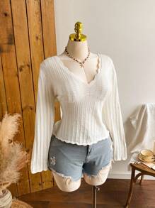 Comfortcana Áo thun tay dài họa tiết hoa dệt kim cỡ lớn cho nữ, nhẹ mùa thu/đông - Màu be - Xem 6