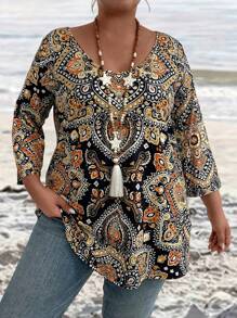 EMERY ROSE T-shirt casual larga da donna con scollo tondo e stampa floreale, maniche a 3/4, perfetta per le vacanze, magliette da donna con grafica - nero - Visualizzare 3