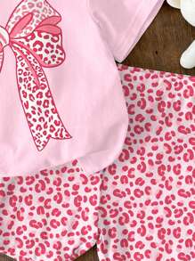 SHEIN 两件套可爱甜美粉色豹纹蝴蝶结印花芭蕾舞风格少女休闲简约短袖短裤套装，适合夏季、休闲夏日、度假风、返校季，2000年代风格，Y2K女孩蝴蝶结衬衫女孩豹纹印花服装套装女孩夏季套装少女服装夏季 - 彩色 - 查看 6
