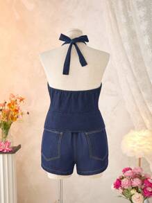 SHEIN MOD 大码女式休闲吊带牛仔上衣、女式外出上衣、度假、生日、露背上衣、可爱夏季上衣、早午餐、老钱风格女装、街头女装、外出、巡航、外出上衣、派对、生日、复古、前系带上衣、Y2k 上衣、女牛仔 - 淺色水洗藍 - 查看 5