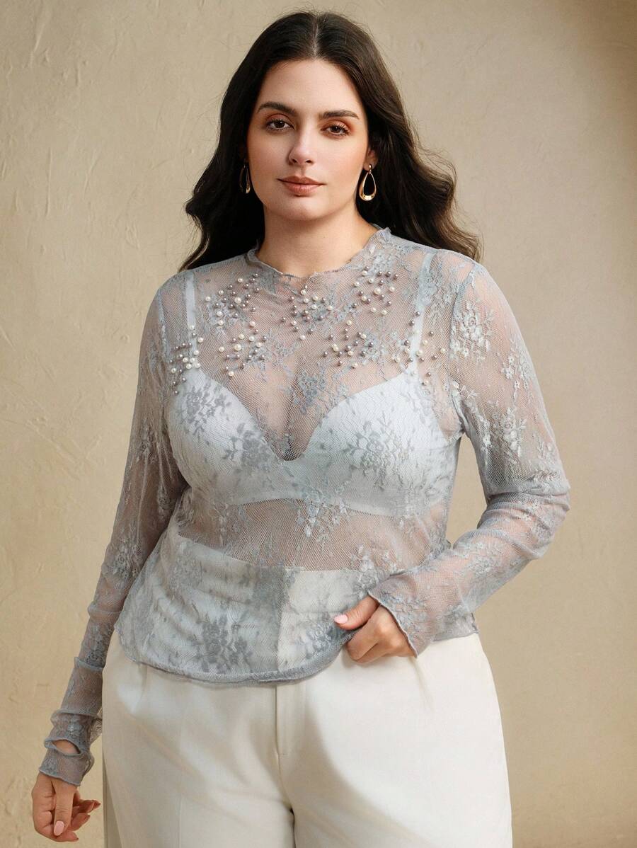 Áo cánh ren mỏng đính hạt màu tương phản cổ tròn cỡ lớn Anewsta dành cho nữ - Bụi tím - Xem 1