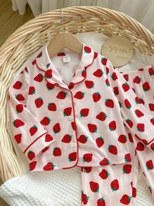 SHEIN 2 piezas Conjunto de pijama para bebé niña con Top de manga larga con estampado de fresa y pantalones sueltos - Rosa - Ver 5